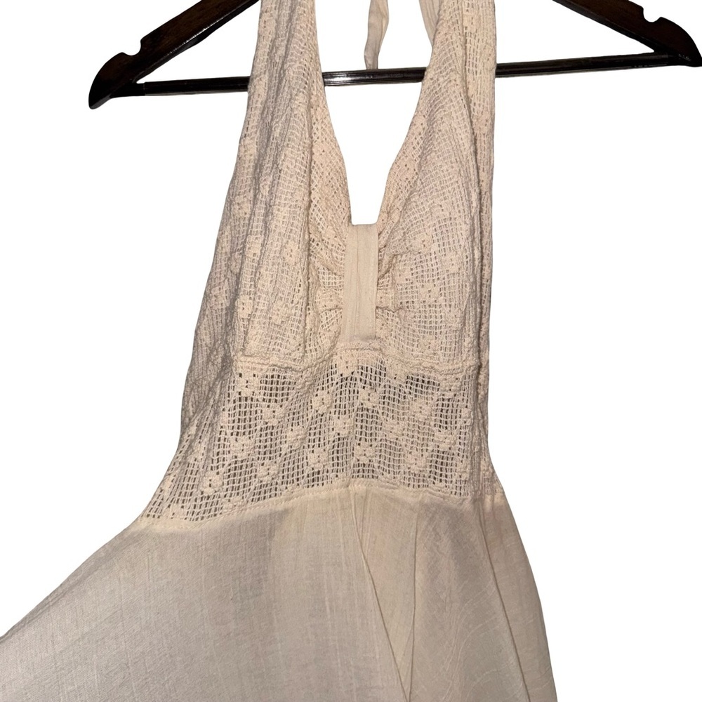 True Vintage 1970s Ivory Boho Halter Dress Crochet Lace Smocked Waist Prairie - Picture 9 of 12